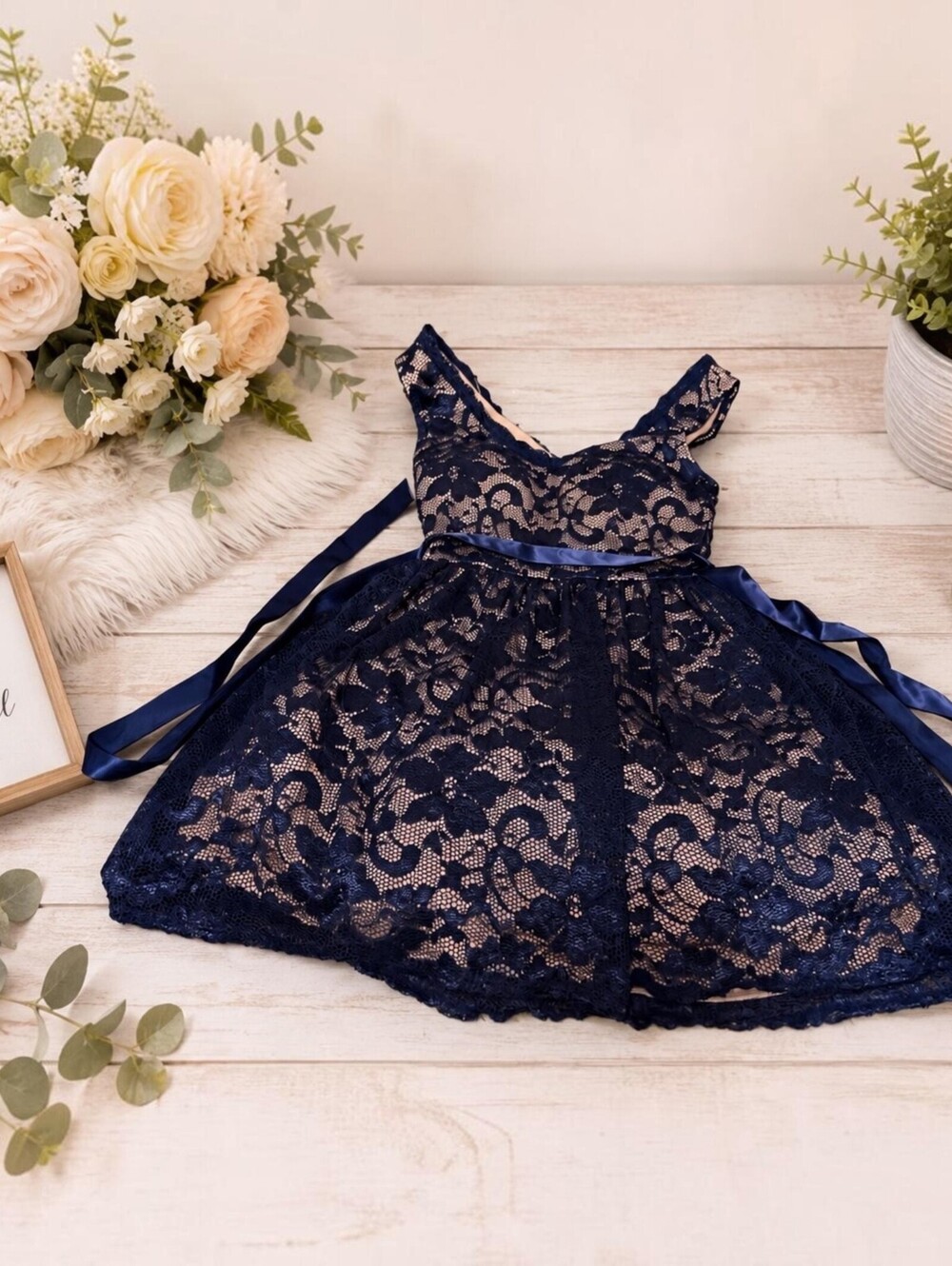 Girls Navy Blue Lace Party Dress Flower Girl Wedding Holiday Formal Dress with